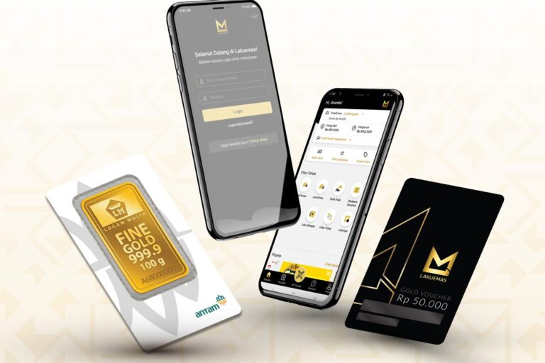 A gold bar and smartphone's displaying Lakuemas digital gold investment app.