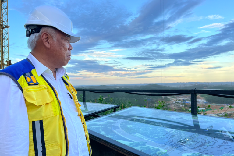 IKN Authority Head Basuki Hadimuljono observes the development site of Indonesia’s new capital, Ibu Kota Nusantara (IKN), as part of the IKN Market Sounding Initiative to attract investors.