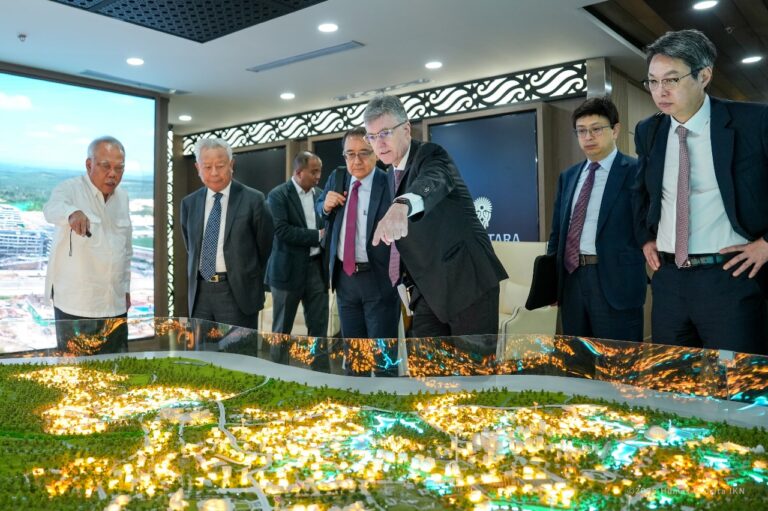 AIIB investment in IKN: Officials examine a detailed model of Indonesia's new capital city development."