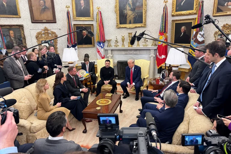 Ukrainian President Volodymyr Zelensky and former U.S. President Donald Trump engage in tense talks at the White House, highlighting US-Ukraine tensions and their diplomatic challenges.