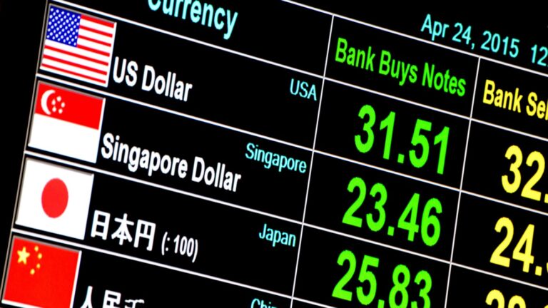 Currency exchange board displaying USD, SGD, JPY, and CNY rates, highlighting the need for foreign investment reform in Indonesia.