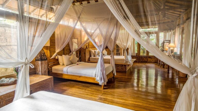 Interior of a Balinese villa often used as illegal lodging in Indonesia without proper permits.