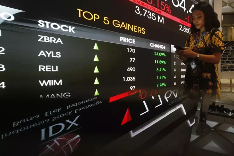 A woman checks her phone near an electronic board showing top stock gainers at the Indonesia Stock Exchange, reflecting the rising participation of Indonesian stock investors.