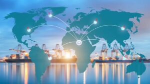 A world map with trade routes and cargo ships at port, symbolizing global trade growth and Indonesia’s rising role.