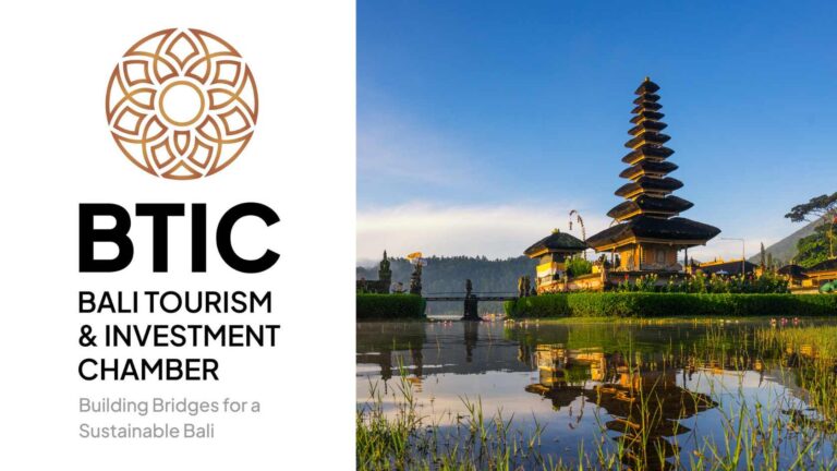 Logo of the Bali Tourism and Investment Chamber (BTIC) beside a scenic view of a Balinese temple, representing Bali investment opportunities and sustainable tourism.