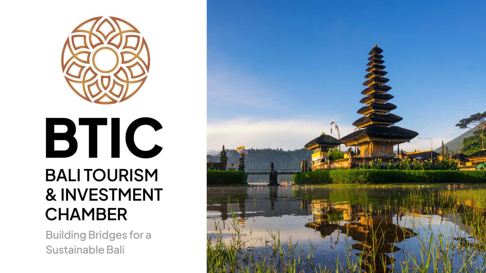 Logo of the Bali Tourism and Investment Chamber (BTIC) beside a scenic view of a Balinese temple, representing Bali investment opportunities and sustainable tourism.