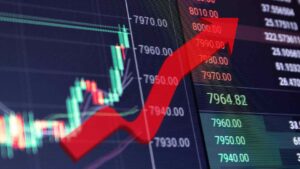 Illustration of the Indonesia Composite Index chart showing sharp upward movement with rising prices and a red bullish arrow.