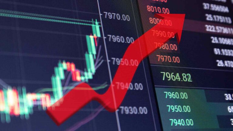 Illustration of the Indonesia Composite Index chart showing sharp upward movement with rising prices and a red bullish arrow.